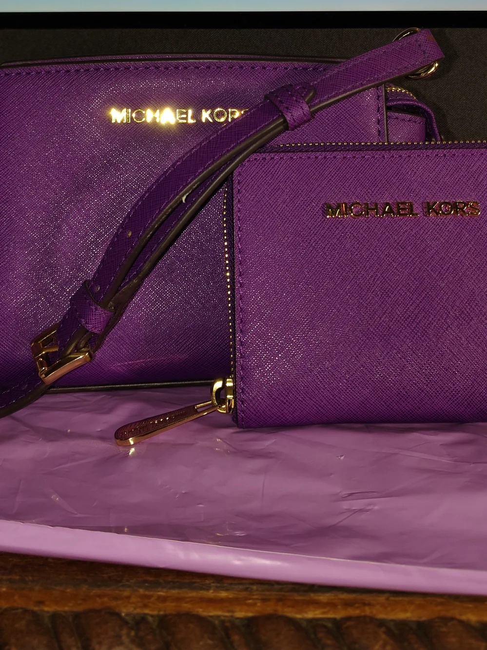 Sold Elsewhere--Michael Kors Purple Saffiano Leather Crossbody Matching Wallet